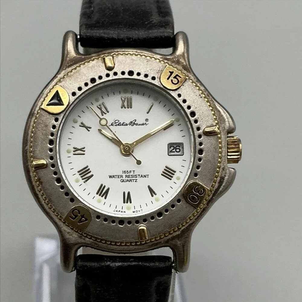 Eddie Bauer V102 Womens Watch 30mm White Dial Black Leather Date New Battery